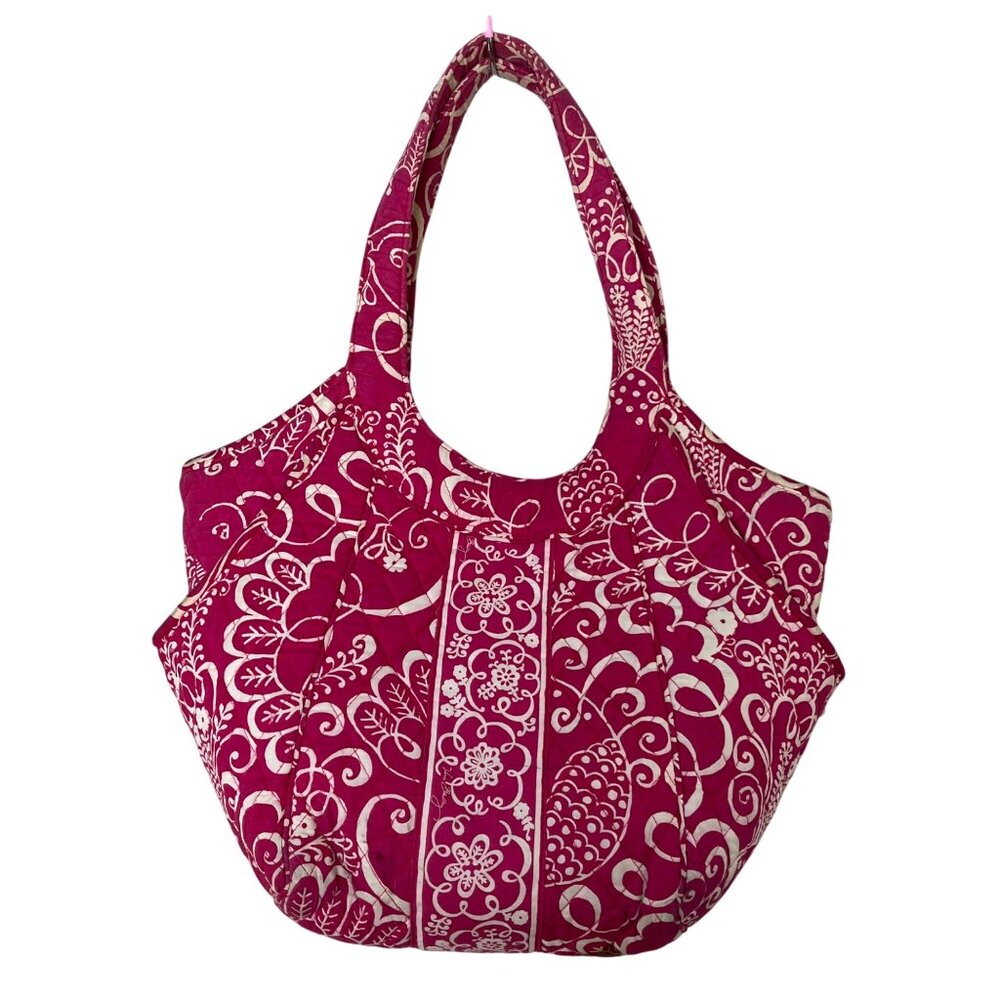 Vera Bradley Side By Side Tote Twirly Birds Pink & White Quilted Bag 2 handles